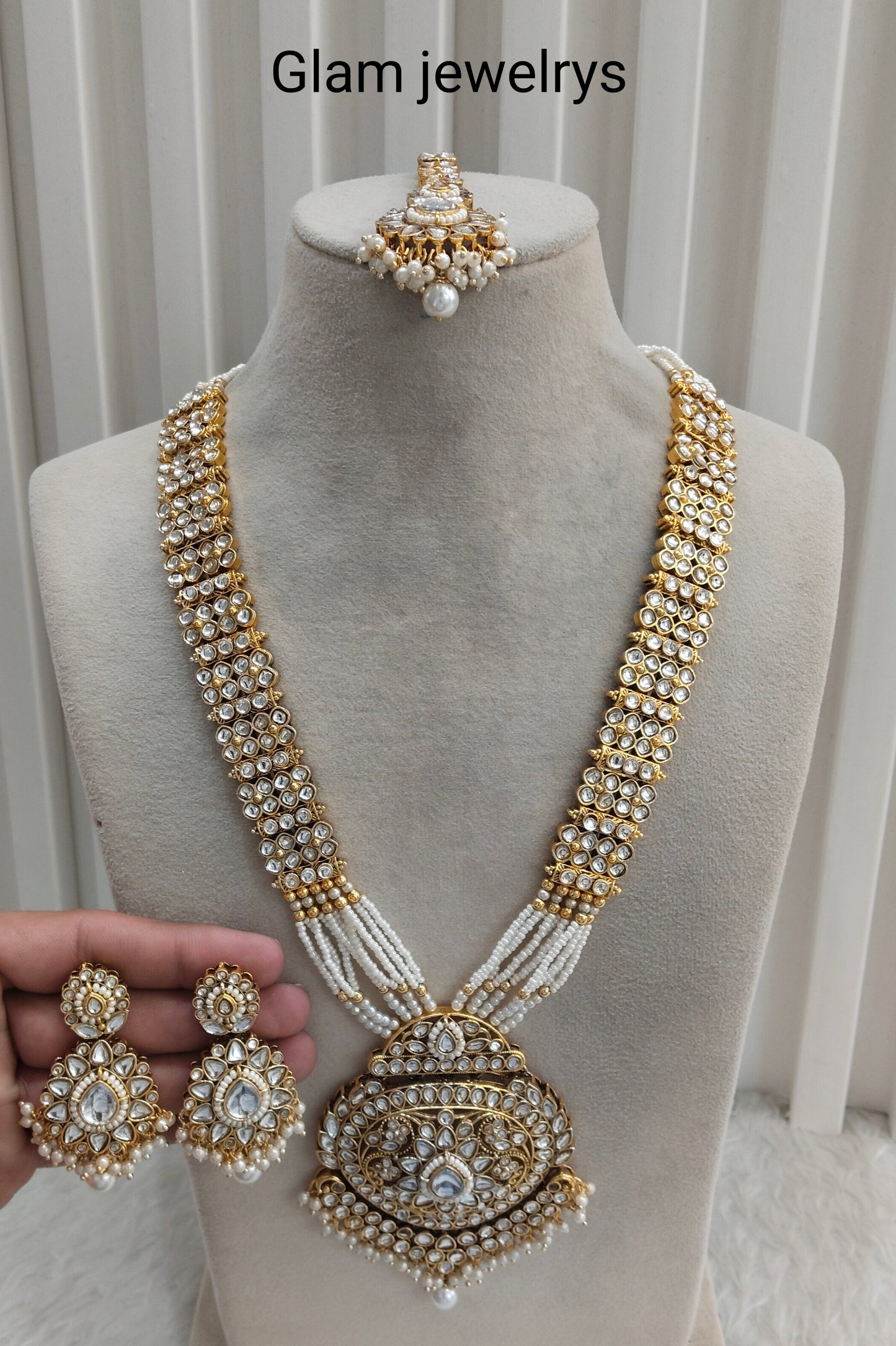 White Gold Kundan Long Rani Haar Necklace Indian Jewellery Rekha Set