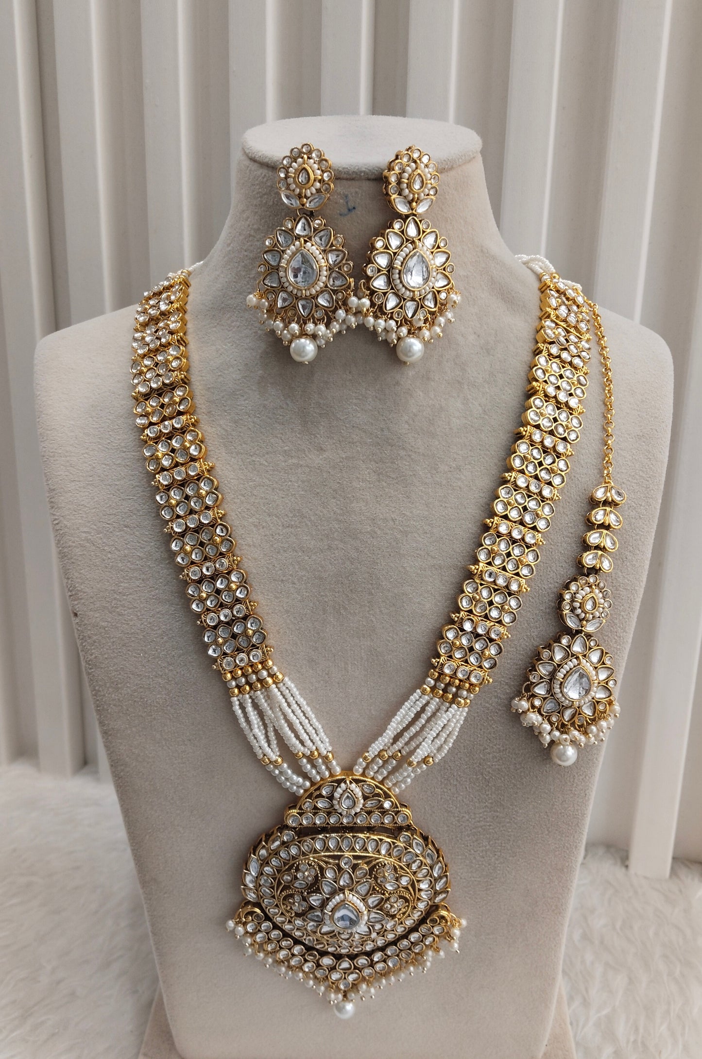 White Gold Kundan Long Rani Haar Necklace Indian Jewellery Rekha Set