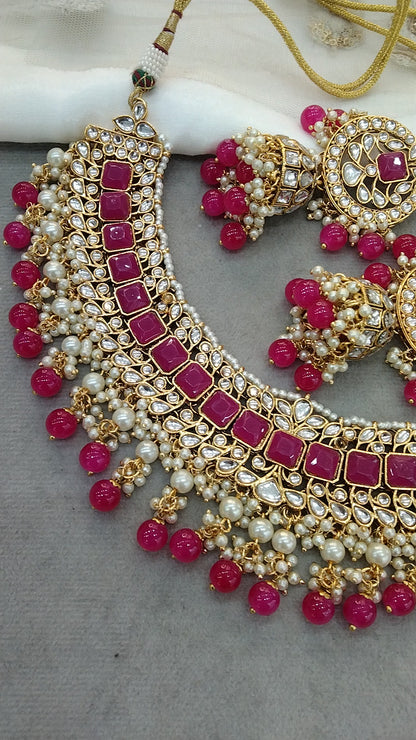 Indian Jewellery ,Dark pink Kundan necklace Set Indian Wedding Semi Bridal Ethnic Bridal also Necklace