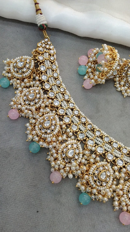 Indian Jewellery/mint pink Gold Semi Bridal Kundan Auckland necklace Set Indian Semi Bridal Jewellery