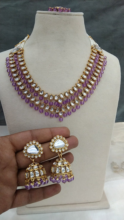 Indian Jewellery/ Gold Lavender Bridal Kundan layered necklace Set Indian branded Necklace set