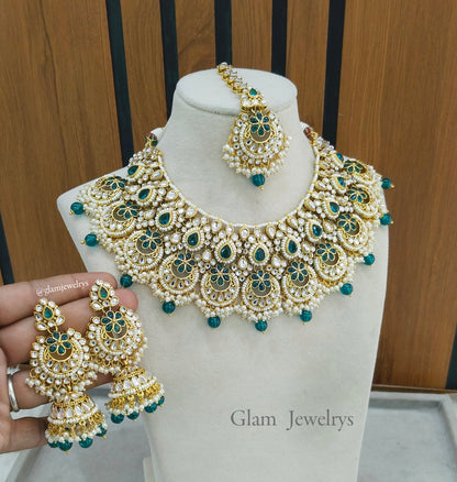 Indian Jewellery/ Gold Bridal Kundan necklace Set Indian gold rama green Harris Necklace