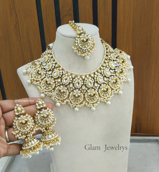 Ivory Indian Jewellery/ Gold Bridal Kundan necklace Set Indian gold White, blue, green Bridal Harris justin Necklace