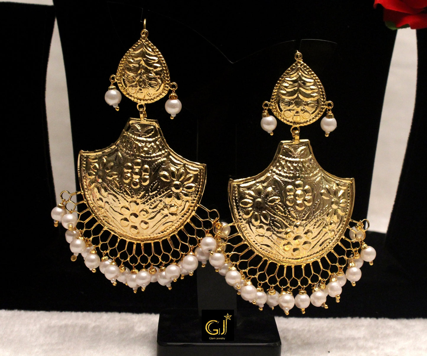 Indian Earrings Tikka Set Jadau Gold Plat Patra/Chandbali Indian Pearl Big Bali Tikka Set/Punjabi Indian Jewellery/Muslim Jhumki Set