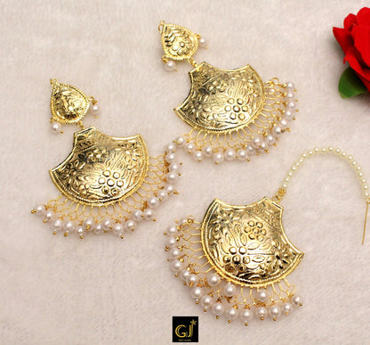 Indian Earrings Tikka Set Jadau Gold Plat Patra/Chandbali Indian Pearl Big Bali Tikka Set/Punjabi Indian Jewellery/Muslim Jhumki Set