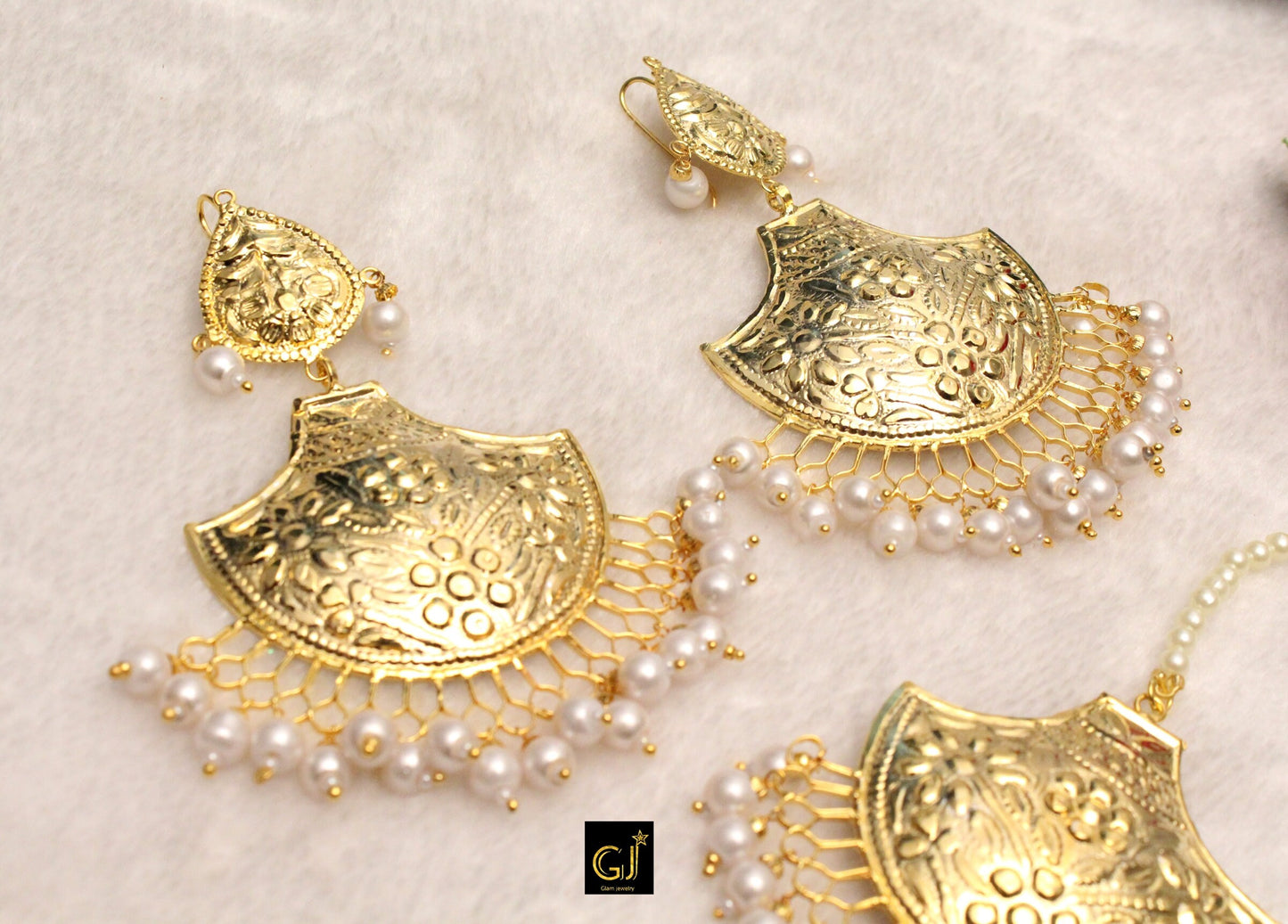 Indian Earrings Tikka Set Jadau Gold Plat Patra/Chandbali Indian Pearl Big Bali Tikka Set/Punjabi Indian Jewellery/Muslim Jhumki Set