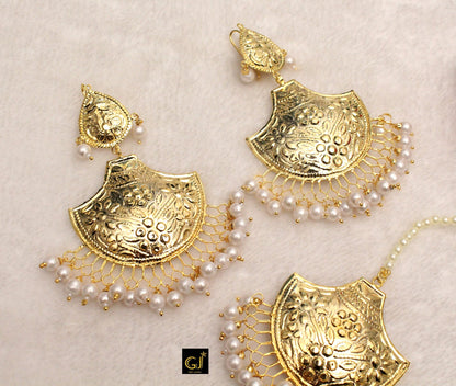 Indian Earrings Tikka Set Jadau Gold Plat Patra/Chandbali Indian Pearl Big Bali Tikka Set/Punjabi Indian Jewellery/Muslim Jhumki Set