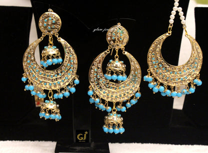 Firoja Jhumka Earrings Tikka Jadau Gold Plat Big /Indian Pearl Blue Jhumka Tikka Set/Chandbali Punjabi Indian Jewellery/Muslim Jhumki Set