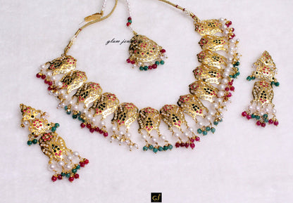 Jadau Navrattan Choker Necklace Set/Bridal Indian Bollywood Punjabi Muslim Necklace Old School Style Kundan Pakistani Jewelry Set