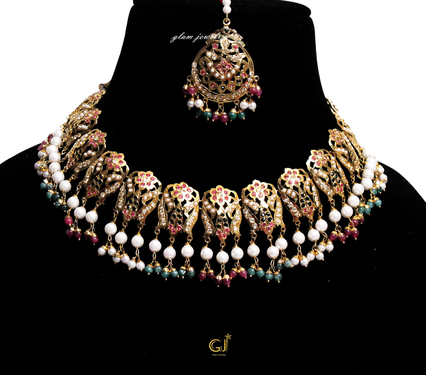 Jadau Navrattan Choker Necklace Set/Bridal Indian Bollywood Punjabi Muslim Necklace Old School Style Kundan Pakistani Jewelry Set