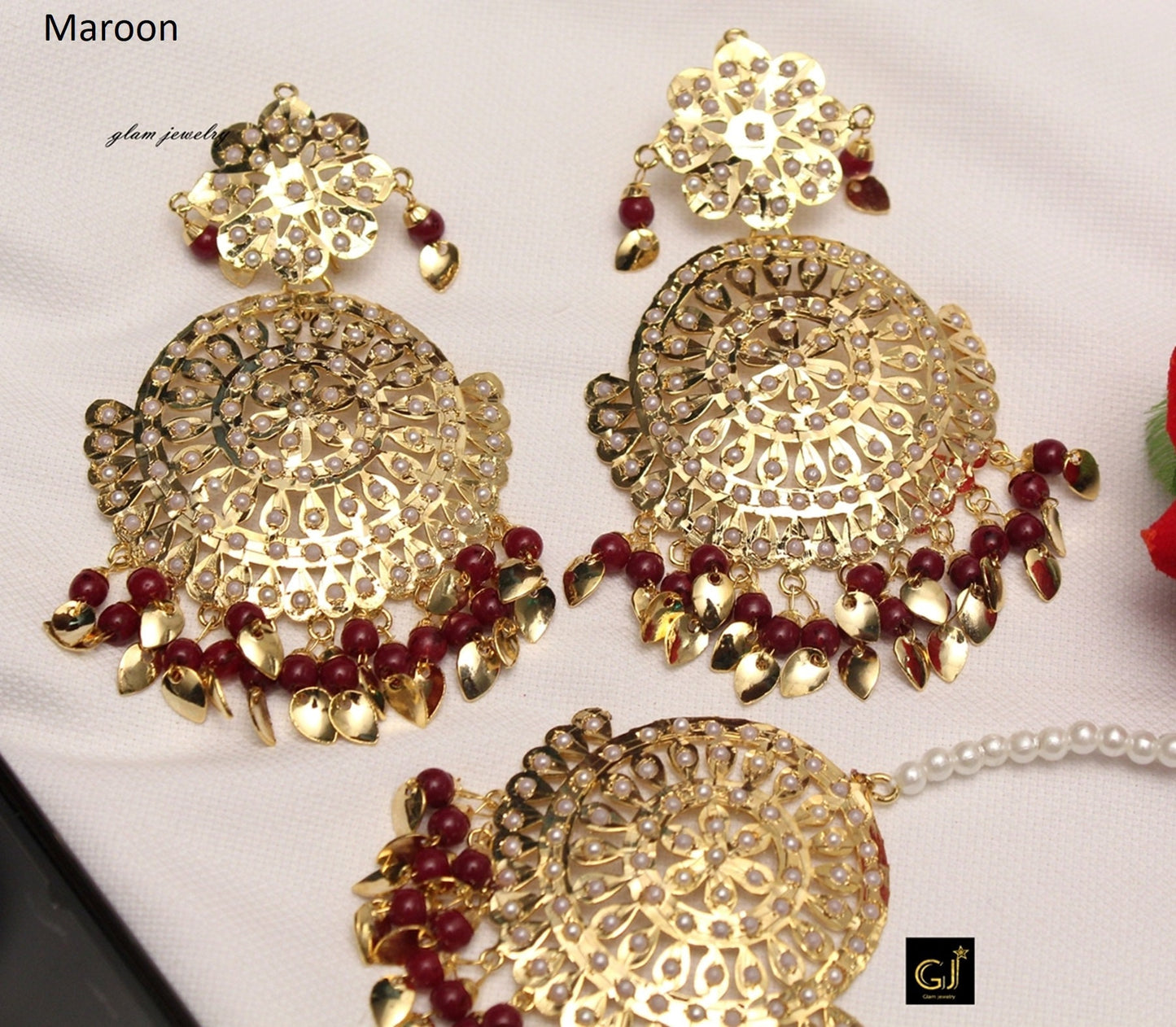 Jadau Gold White,Navrattan,Maroon Earrings Tikka /Indian Big Earrings Tikka Set/ Punjabi Indian Jewellery/Bollywood Pakistani Set