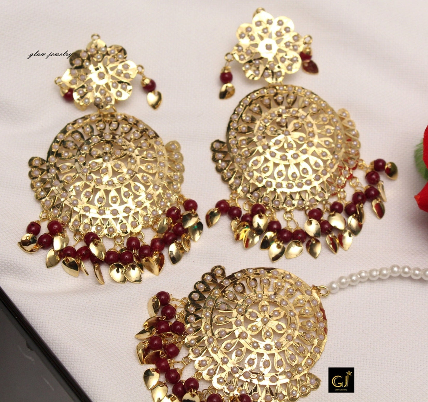 Jadau Gold White,Navrattan,Maroon Earrings Tikka /Indian Big Earrings Tikka Set/ Punjabi Indian Jewellery/Bollywood Pakistani Set