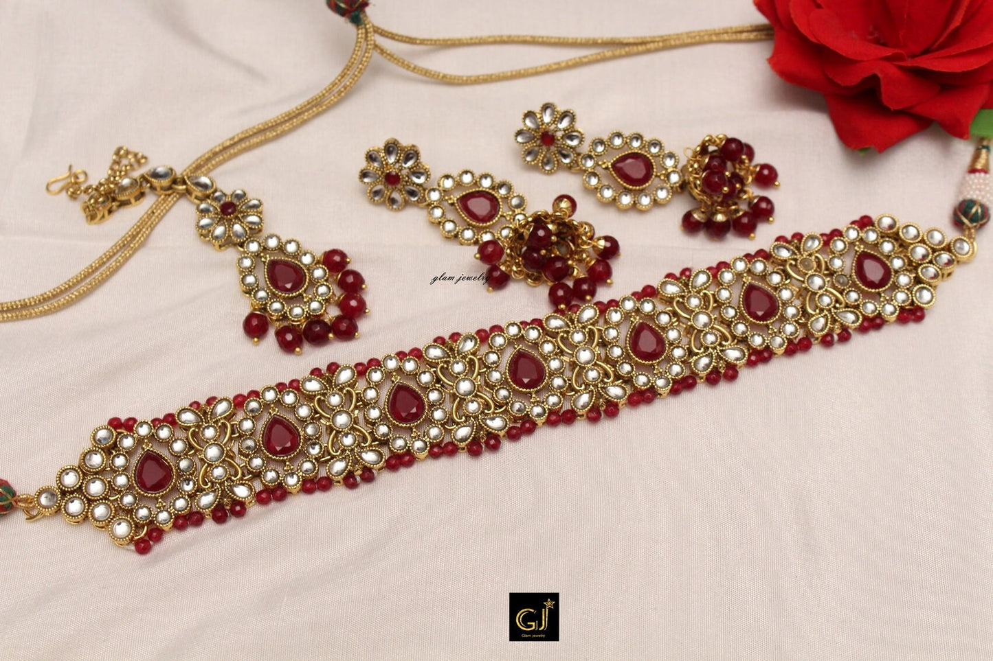 Ruby/Green Kundan Bollywood Choker Necklace Set/Punjabi Bridal Indian Wedding Semi Gold Ethnic Jewellery Necklace