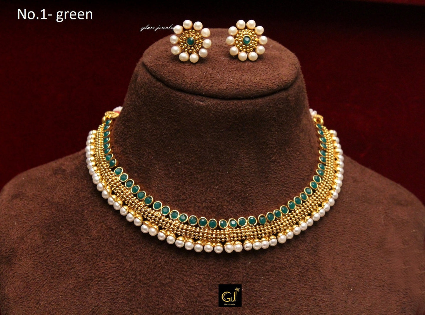 Gold ,Green,Ruby Green Pearl Choker necklace Set Indian Wedding Ethnic Jewellery Bollywood Necklace