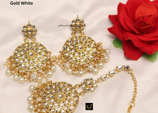 Gold White,Pink Kundan Earrings Tikka /Indian Big Earrings Tikka Set/ Punjabi Indian Jewellery/Bollywood Pakistani Set