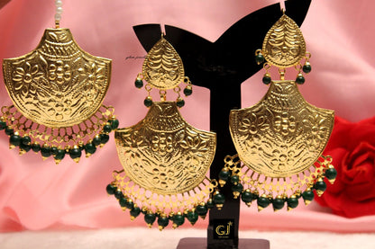 Gold Punjabi Patra Big Chandbali Earrings Tikka Marron,Peach,Multi,Dark Pink/Indian Big Earrings Tikka Set/ Indian Jewellery/Pakistani Set