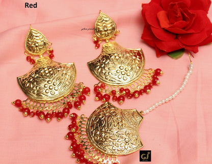 Gold Punjabi Patra Big Chandbali Earrings Tikka Marron,Peach,Multi,Dark Pink/Indian Big Earrings Tikka Set/ Indian Jewellery/Pakistani Set