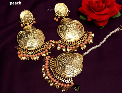 Indian Earrings  Jewellery/Gold, Peach,Sea green, dark pink Pipal Patti Jadau Earrings Tikka