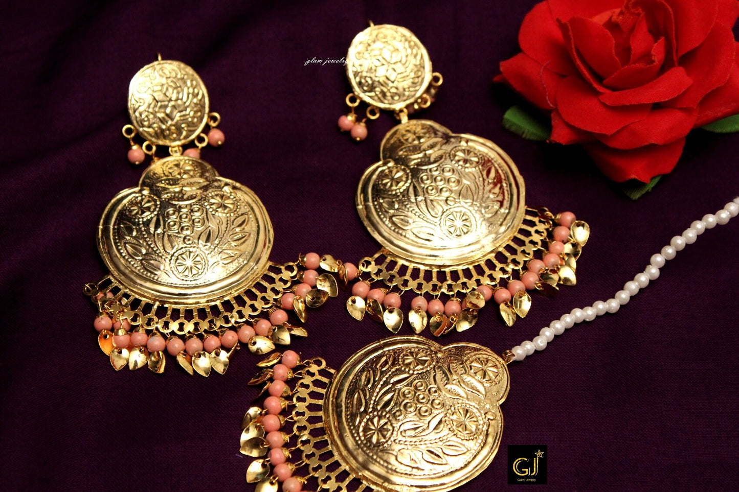 Indian Earrings  Jewellery/Gold, Peach,Sea green, dark pink Pipal Patti Jadau Earrings Tikka