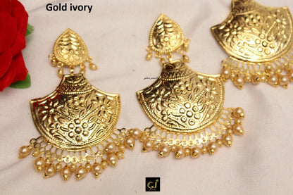 Gold Punjabi Patra Big Chandbali Earrings Tikka Marron,Peach,Multi,Dark Pink/Indian Big Earrings Tikka Set/ Indian Jewellery/Pakistani Set