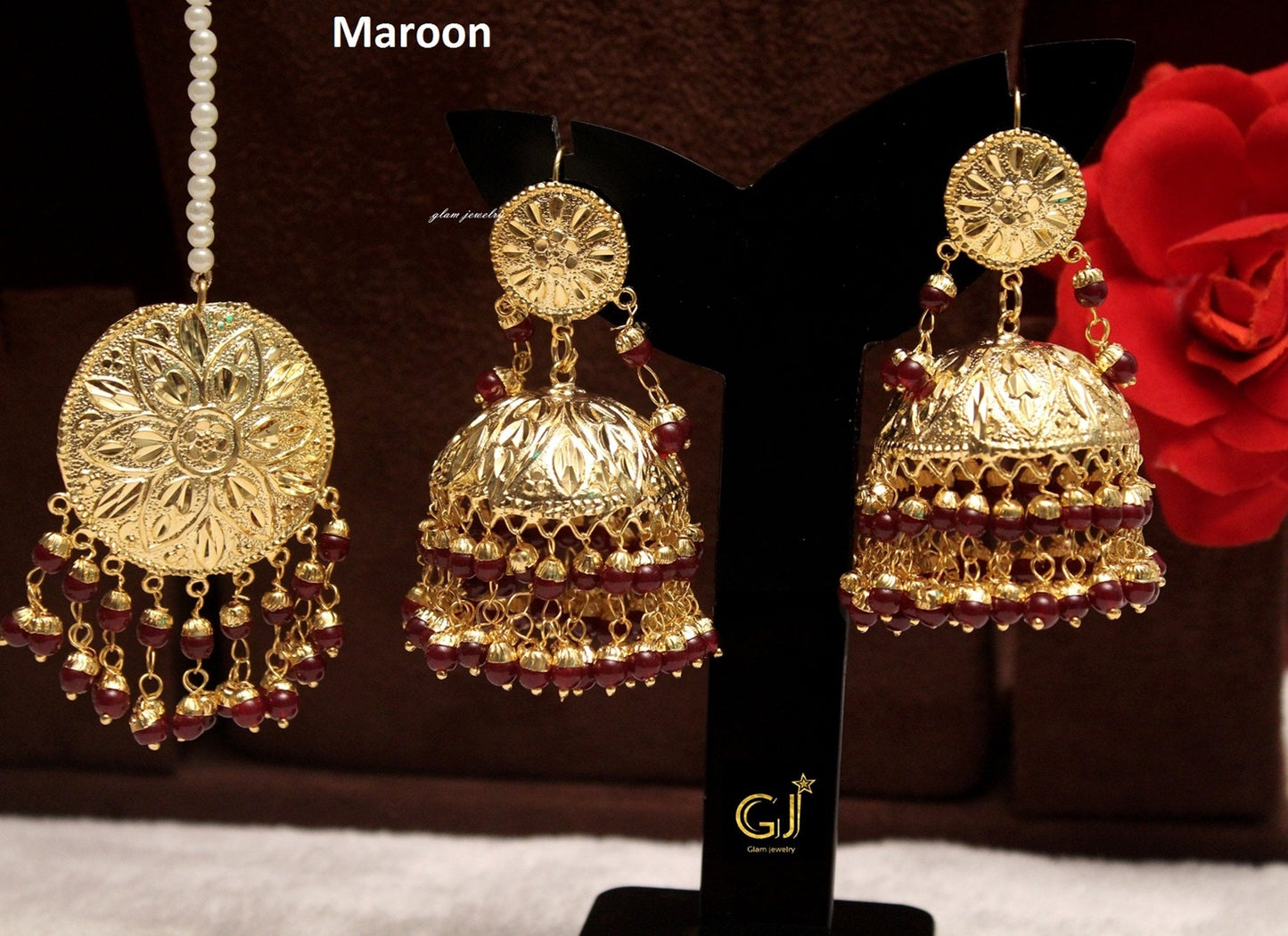 Gold White,Green, Maroon Jadau Jhumka Earrings Tikka /Indian Big Jhumka Tikka Set/ Punjabi Indian Jewellery/Muslim Jhumki Set