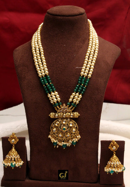 Gold Rani Haar Necklace Jewellery Set/ Ivory Gold White,Green Indian Necklace Set/ Indian Jewellery/Muslim Long Necklace Set