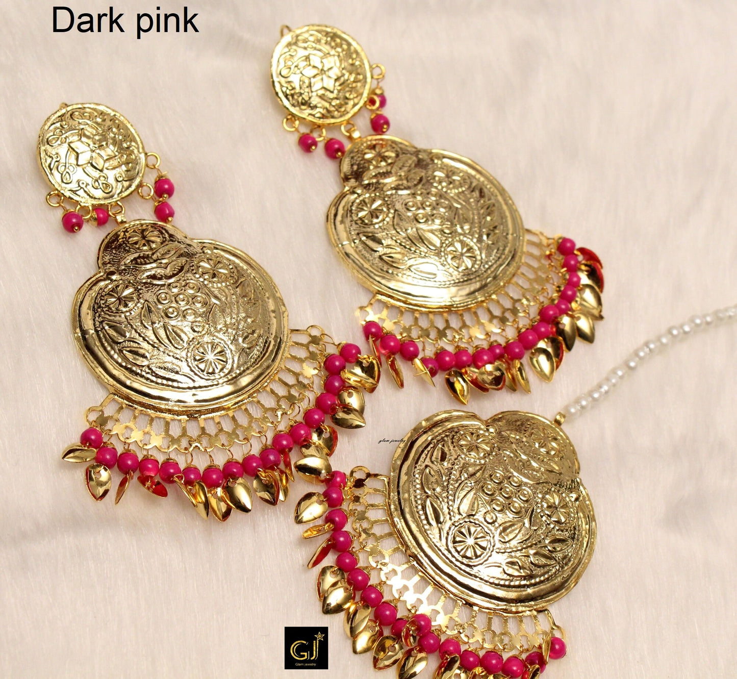 Indian Earrings  Jewellery/Gold, Peach,Sea green, dark pink Pipal Patti Jadau Earrings Tikka