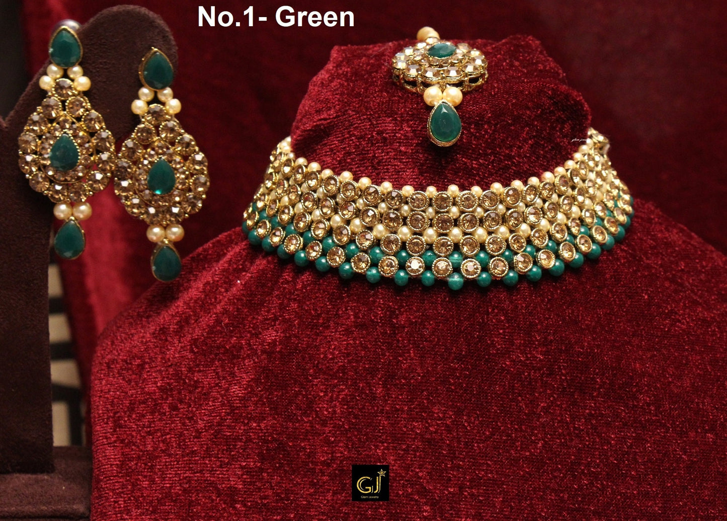 Indian Necklace  Jewellery Set/ Green, dark pink ,silver, blackBridal Wedding Bollywood Necklace Set