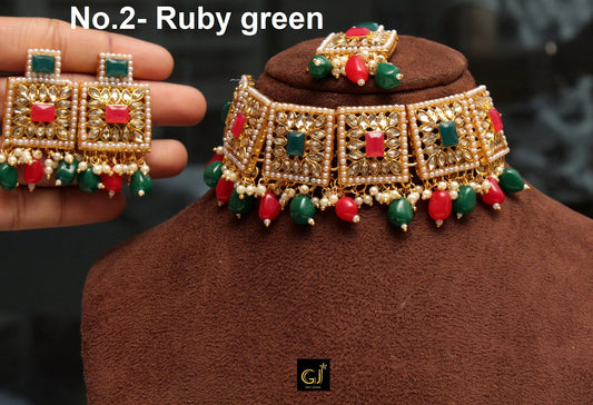 Kundan Choker necklace Set,Gold,Green,Ruby Green,Ruby,Pastel Green Bollywood Indian Jewelry Gold Plat Muslim  Jewellery Necklace