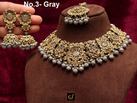 Indian  Jewellery Necklace Tikka Set/Gold Green,Maroon,Gray Grey Bollywood Necklace Set/Indian choker Mehndi Polish necklace