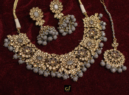 Indian  Jewellery Necklace Tikka Set/Gold Green,Maroon,Gray Grey Bollywood Necklace Set/Indian choker Mehndi Polish necklace