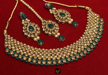 Indian Necklace  Jewellery Set/ Green, dark pink ,silver, blackBridal Wedding Bollywood Necklace Set