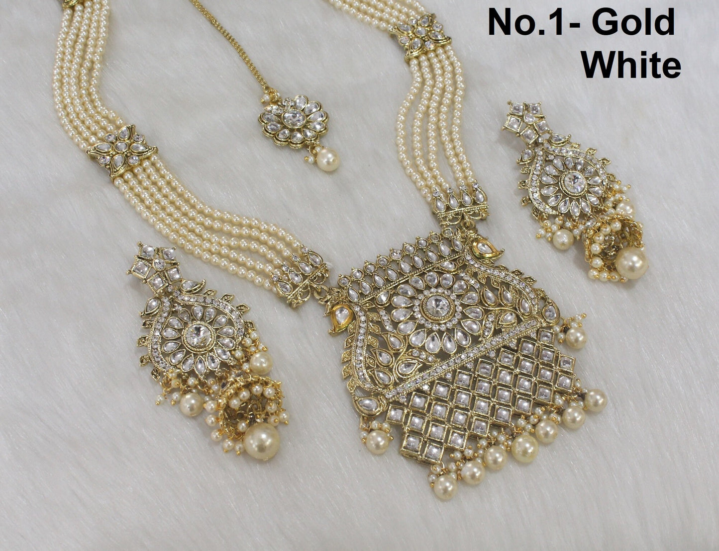 Gold Rani Haar Halskette Schmuckset/ Elfenbein Gold Weiß,Grün Indisches Halskettenset/ Indischer Schmuck/Muslimisches langes Halskettenset