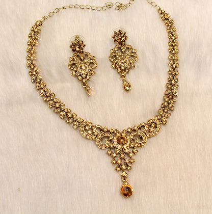 Women Necklace Jewellery  Set/Antique Gold, Gold Bollywood Necklace Set/Bridesmaid necklace Wedding Y Drop Jewellry set/Women Necklace Set/Gift for her