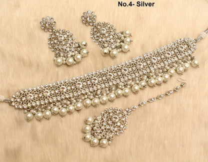 Silver Rose Gold Crystal Choker Jewellery Set /Silver Rhodium Finish Jewellery/Gold Bollywood Necklace chand Set