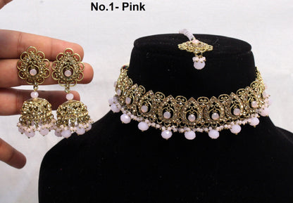 Choker Set Gold Necklace Jewellery Set/Bollywood Jewellery/Pink, green Indian choker necklace set/Bridesmaid Jewellery/Women Necklace set