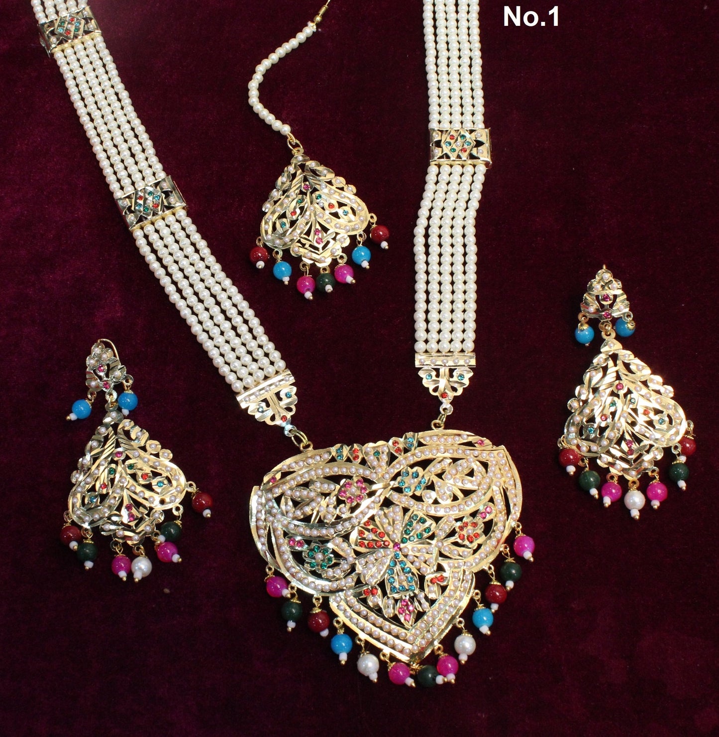 Jadau Navrattan Rani Haar lange Halskette Set/Indische mehrfarbige Halskette Ohrringe Set/Punjabi Braut Pakistani Schmuck/Muslimische lange Halskette