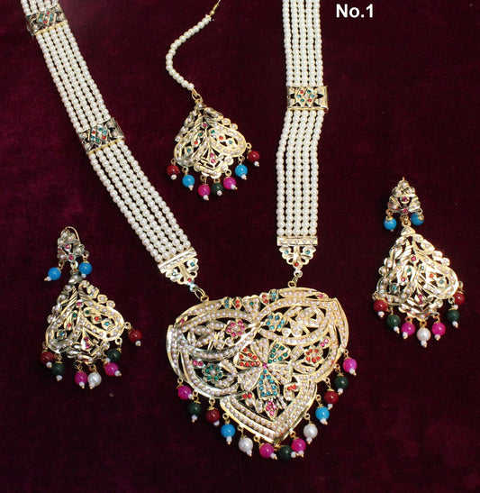 Jadau Navrattan Rani Haar long Necklace Set/Indian multicolor Necklace Earrings Set/Punjabi Bridal Pakistani Jewellery/Muslim Long Necklace