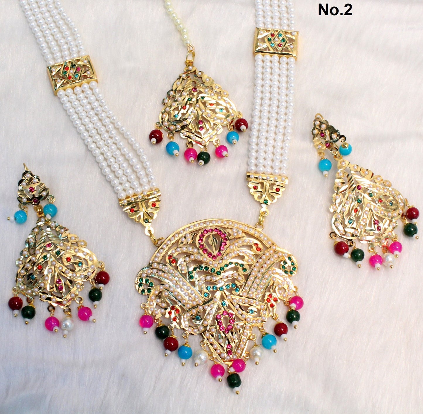 Jadau Navrattan Rani Haar lange Halskette Set/Indische mehrfarbige Halskette Ohrringe Set/Punjabi Braut Pakistani Schmuck/Muslimische lange Halskette