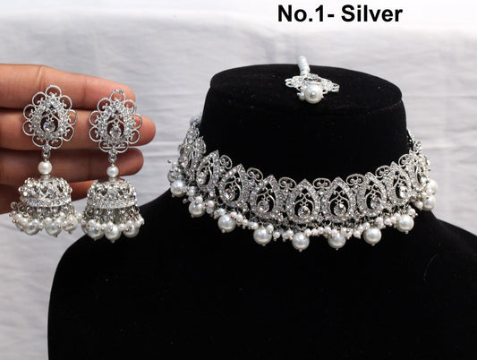 Choker Set Indian  Jewellery Silver Choker Necklace Tikka Set/Indian choker Wedding necklace mony set