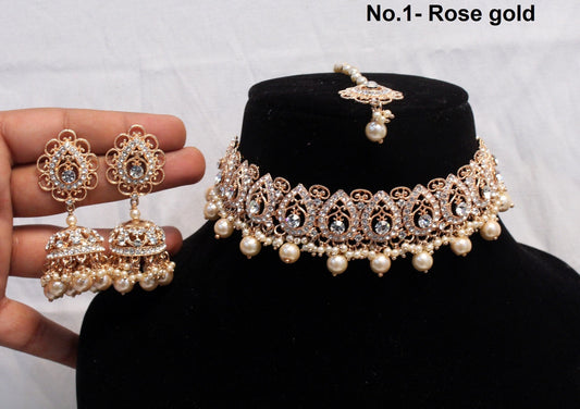 Choker Set Rose Gold Necklace Set/ Bollywood Jewellery/Indian choker necklace set/rose gold Bridesmaid mony Jewellery