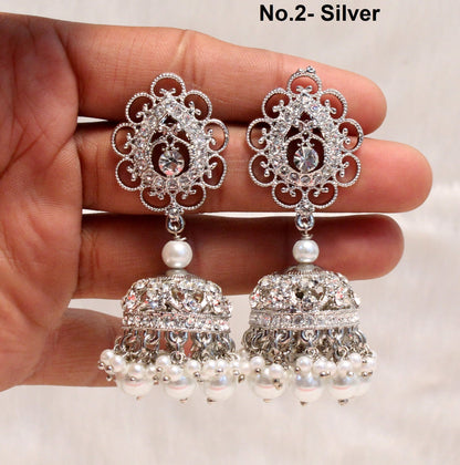 Indian Jewellery/ Silver, rose gold, antique gold Indian Chand Balli Round Earrings/Indian Crystal silver Bridal Earrings Set Jewellery