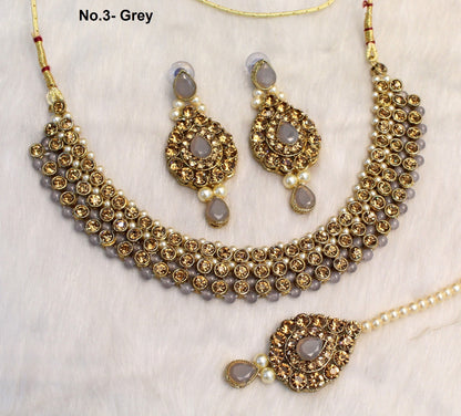 Indian Necklace Jewelry Jewellery Set/ Antique gold, baby pink ,peach, grey, radium Bridal Wedding Bollywood Necklace Set