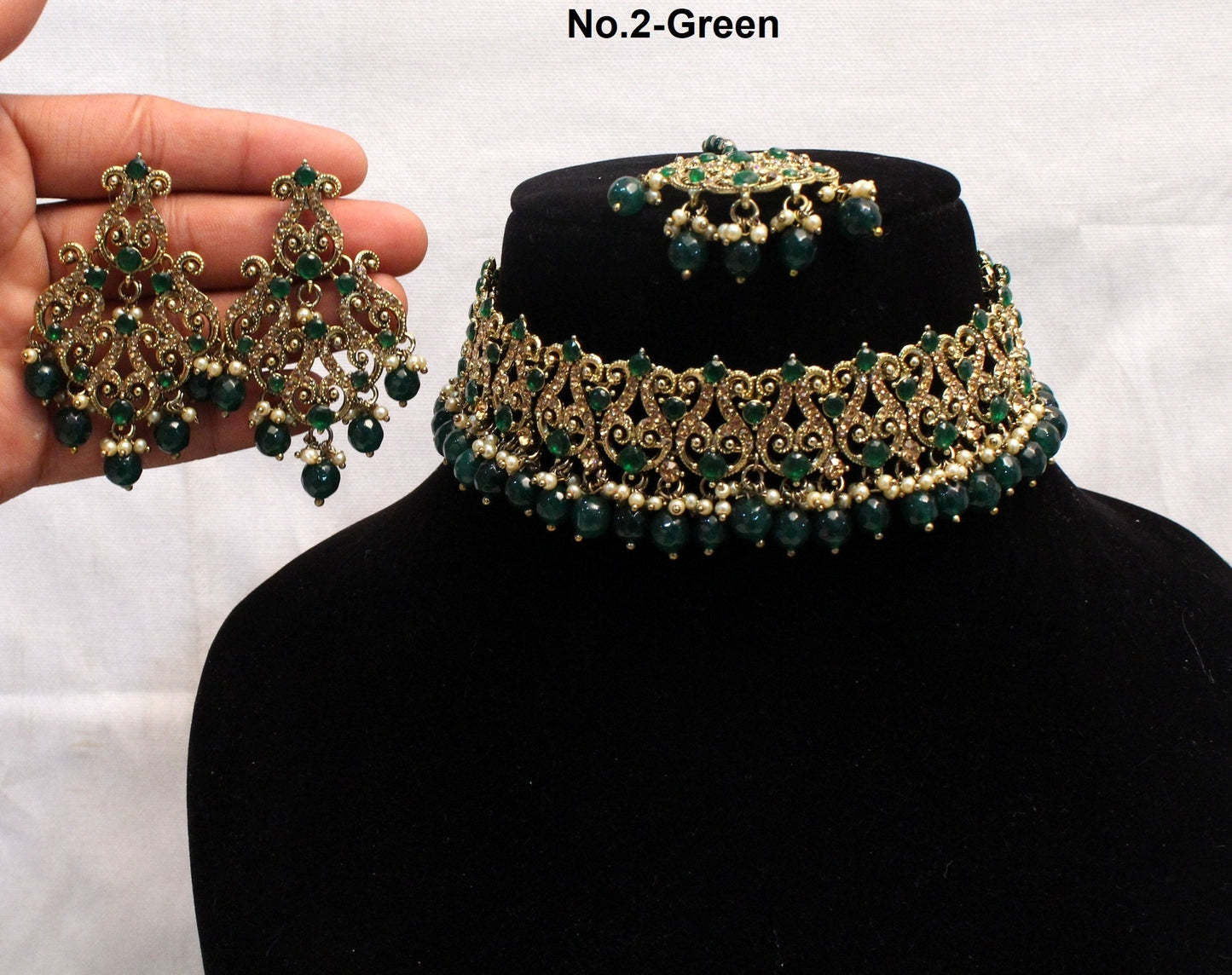 Choker Set Necklace Jewellery Set/ Green, dark gold Jewellery set /Indian choker necklace set/Bridesmaid Jewellery/gift for her