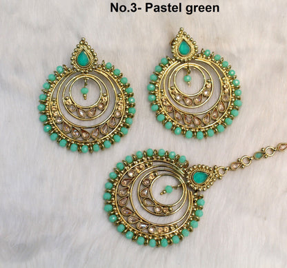 Indian Jewellery/Gold Indian Earrings Tikka Set/Indian Green, maroon chand balli  Earrings Set Jewellery/Wedding Bridal Bollywood Jewellery Set