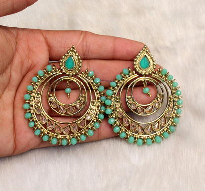 Indian Jewellery/Gold Indian Earrings Tikka Set/Indian Green, maroon chand balli  Earrings Set Jewellery/Wedding Bridal Bollywood Jewellery Set