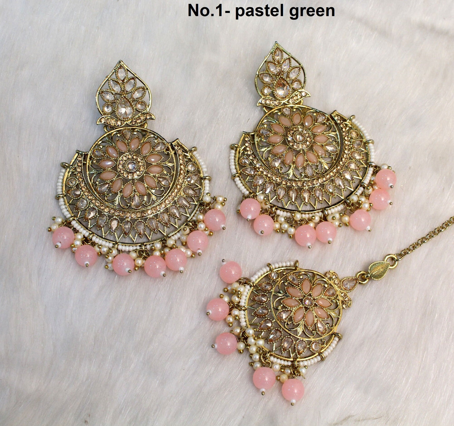 Indian Jewellery/Gold Indian Earrings Tikka Set/Indian dark gold ,Green, pink chand balli  Earrings Set Jewellery/Wedding Bridal Jewellery Set