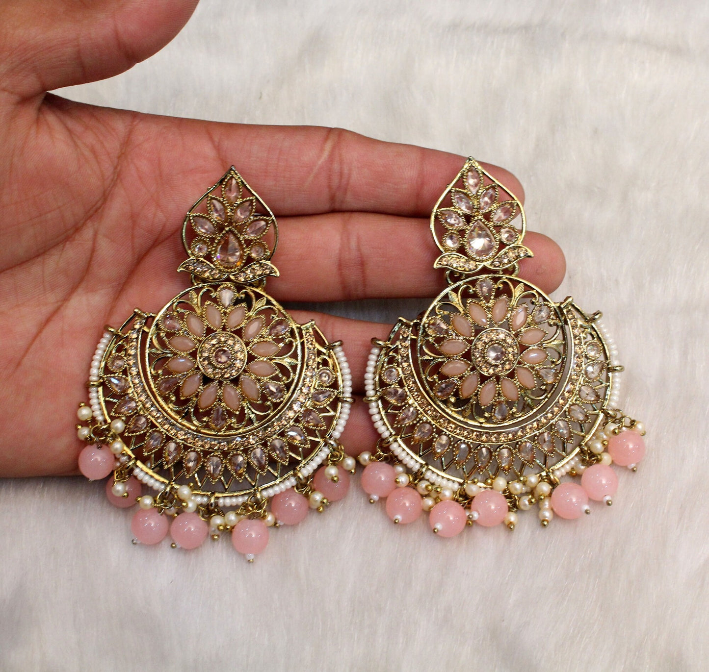 Indian Jewellery/Gold Indian Earrings Tikka Set/Indian dark gold ,Green, pink chand balli  Earrings Set Jewellery/Wedding Bridal Jewellery Set