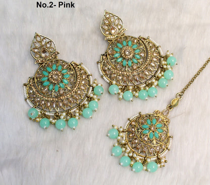 Indian Jewellery/Gold Indian Earrings Tikka Set/Indian dark gold ,Green, pink chand balli  Earrings Set Jewellery/Wedding Bridal Jewellery Set