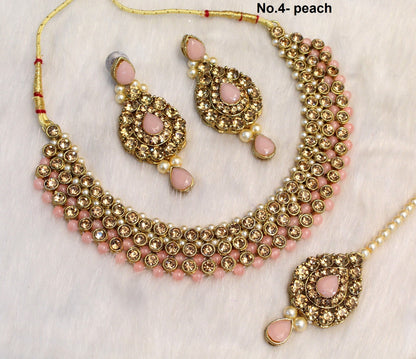 Indian Necklace Jewelry Jewellery Set/ Antique gold, baby pink ,peach, grey, radium Bridal Wedding Bollywood Necklace Set